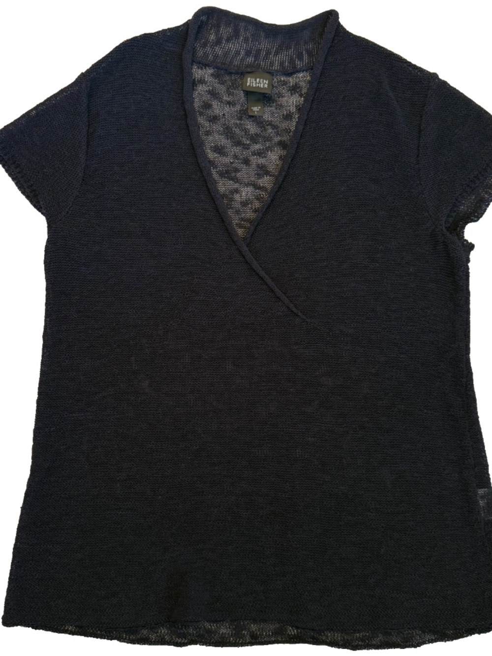 EILEEN FISHER LINEN BLEND TOP WOMENS L NAVY BLUE OPEN KNIT SHORT SLEEVE 40"x26"